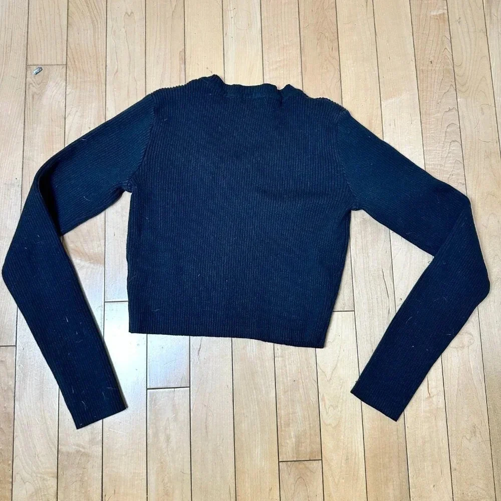 BRANDY MELVILLE Black Cotton Knit Ribbed Cropped V Neck Sweater - OS